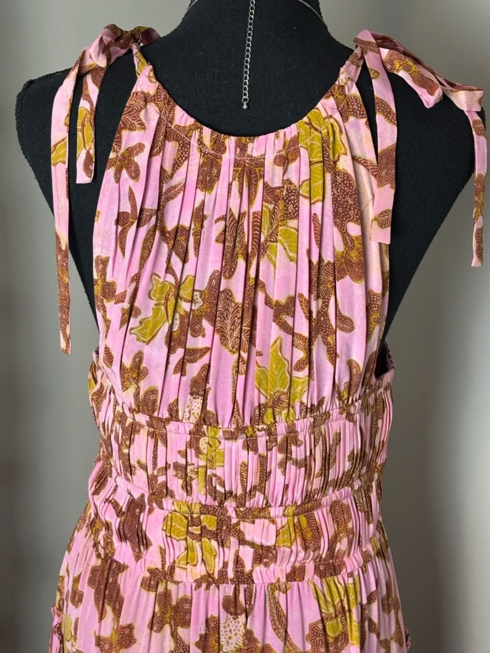 Ulla Johnson Amalthea 100% Silk Pink and Brown‎ Floral Pleated Midi Dress Size 4